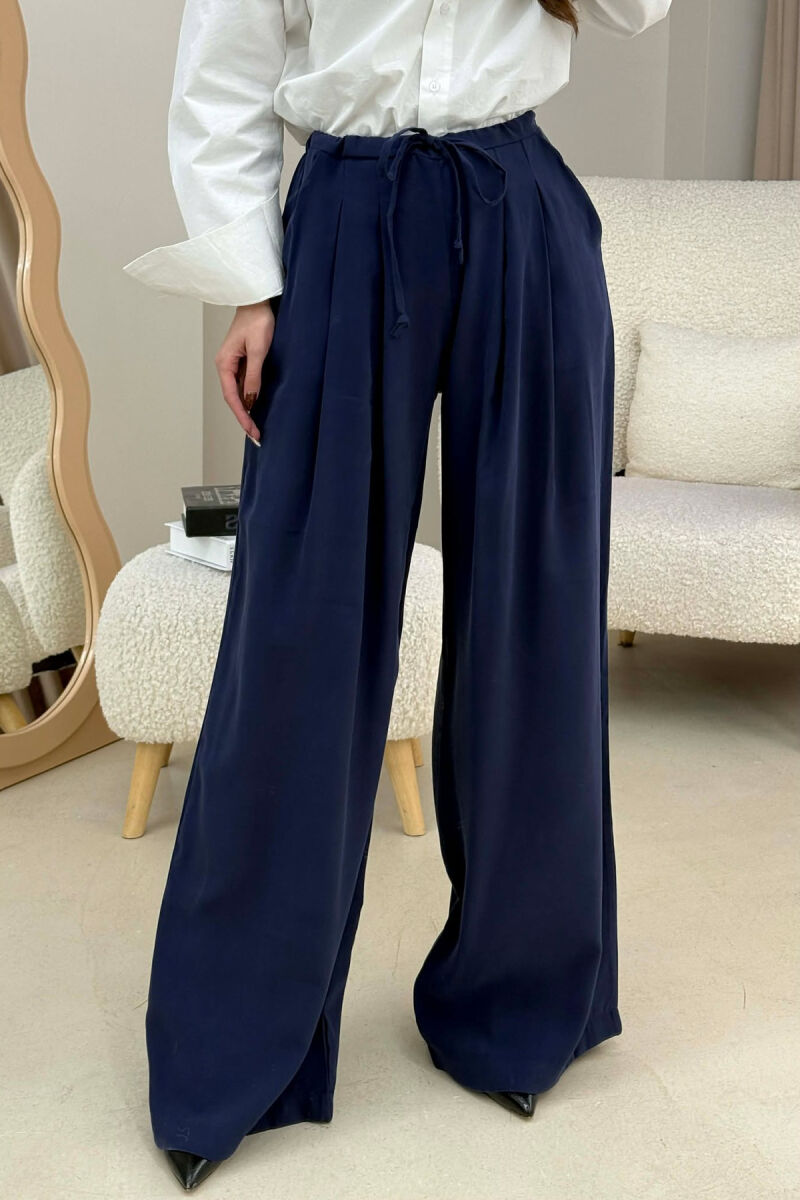 ONE COLOR SEMI ELASTIC WAIST WIDE LEG WOMEN TROUSERS BLUE/BLU - 2