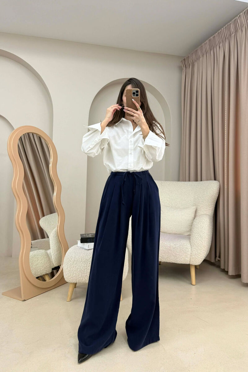 ONE COLOR SEMI ELASTIC WAIST WIDE LEG WOMEN TROUSERS BLUE/BLU - 3
