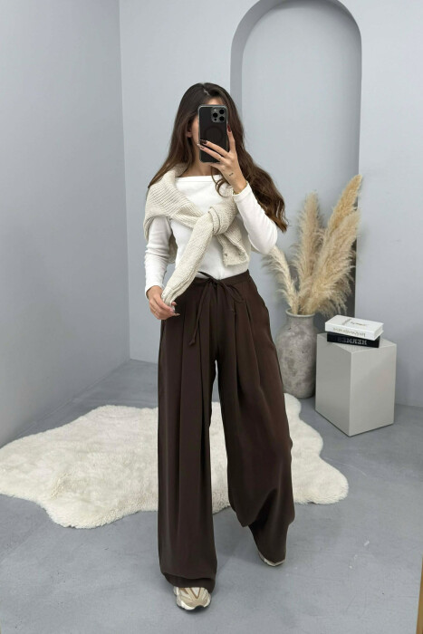 ONE COLOR SEMI ELASTIC WAIST WIDE LEG WOMEN TROUSERS BROWN/KAFE - 2