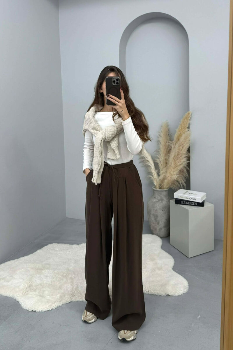ONE COLOR SEMI ELASTIC WAIST WIDE LEG WOMEN TROUSERS BROWN/KAFE - 3