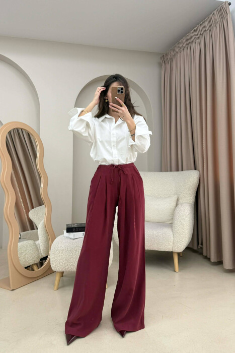 ONE COLOR SEMI ELASTIC WAIST WIDE LEG WOMEN TROUSERS BURGUNDY/VISHNJE 