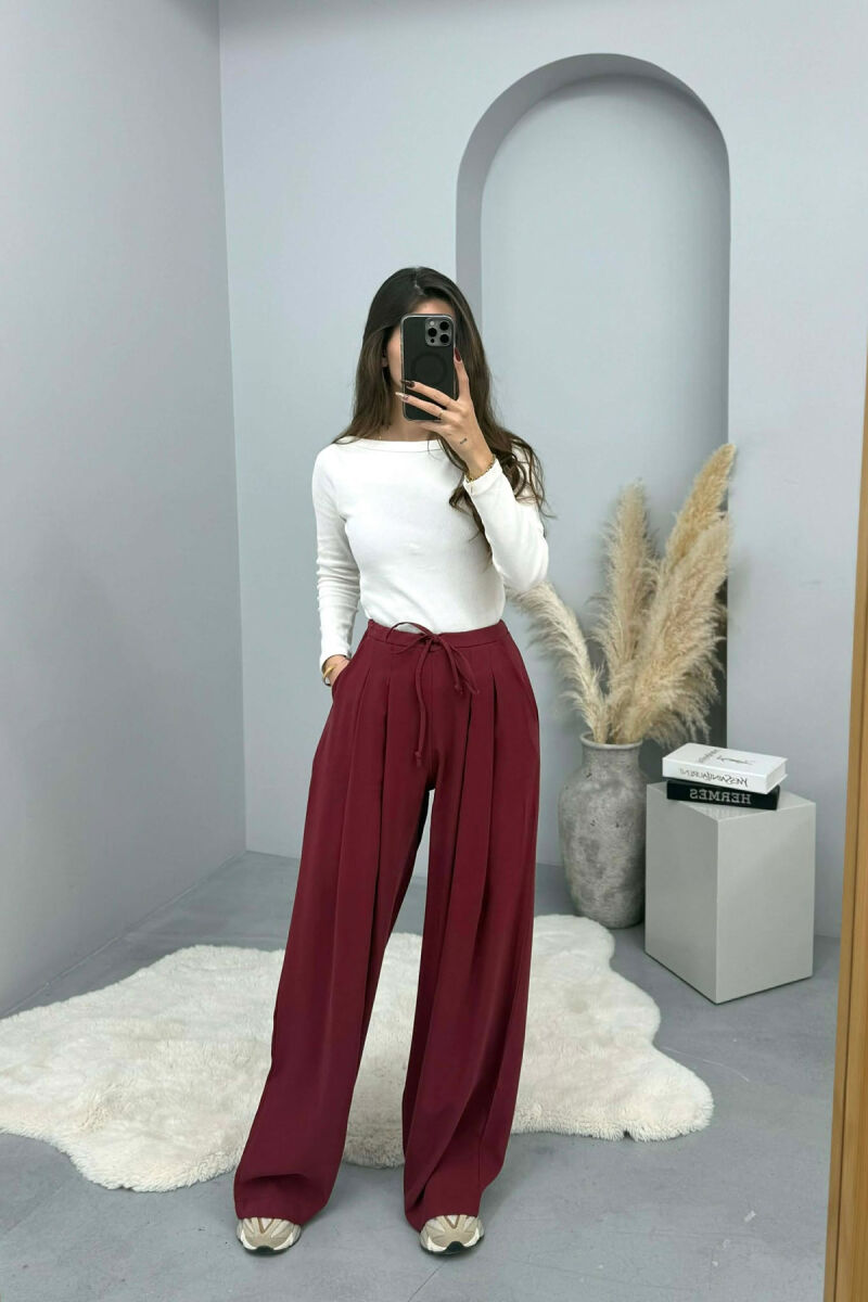 ONE COLOR SEMI ELASTIC WAIST WIDE LEG WOMEN TROUSERS BURGUNDY/VISHNJE - 6
