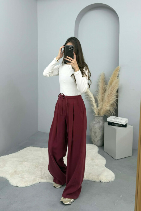 ONE COLOR SEMI ELASTIC WAIST WIDE LEG WOMEN TROUSERS BURGUNDY/VISHNJE - 7