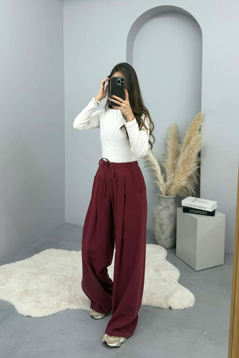 ONE COLOR SEMI ELASTIC WAIST WIDE LEG WOMEN TROUSERS BURGUNDY/VISHNJE - 7