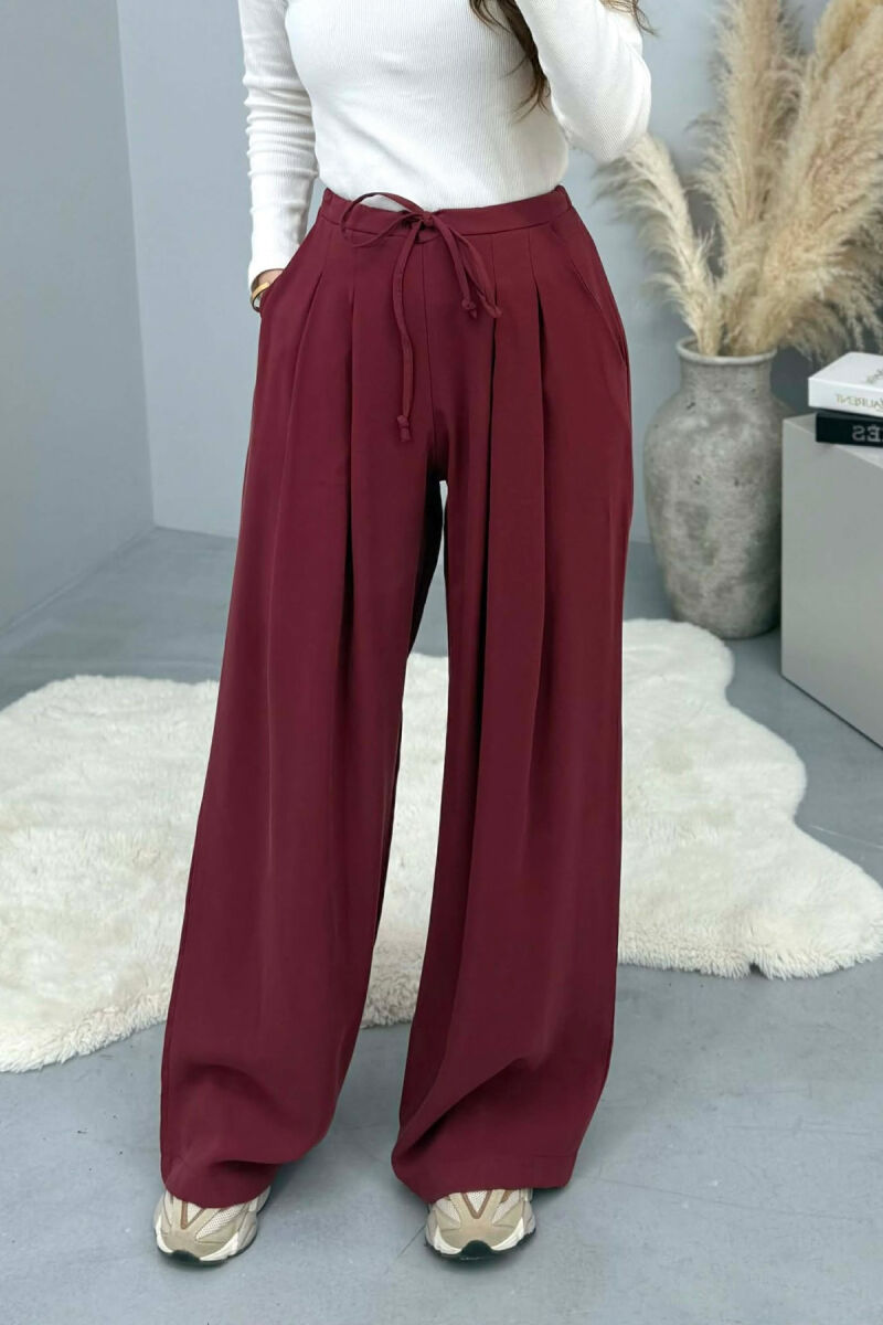ONE COLOR SEMI ELASTIC WAIST WIDE LEG WOMEN TROUSERS BURGUNDY/VISHNJE - 5