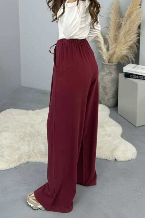 ONE COLOR SEMI ELASTIC WAIST WIDE LEG WOMEN TROUSERS BURGUNDY/VISHNJE - 8