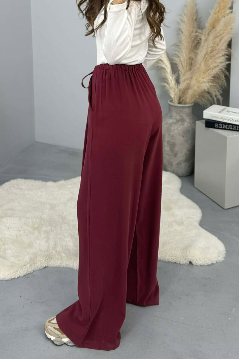 ONE COLOR SEMI ELASTIC WAIST WIDE LEG WOMEN TROUSERS BURGUNDY/VISHNJE - 8