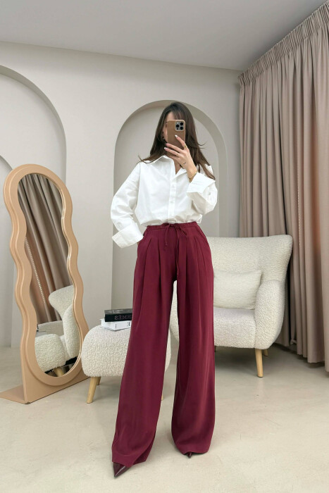 ONE COLOR SEMI ELASTIC WAIST WIDE LEG WOMEN TROUSERS BURGUNDY/VISHNJE - 2