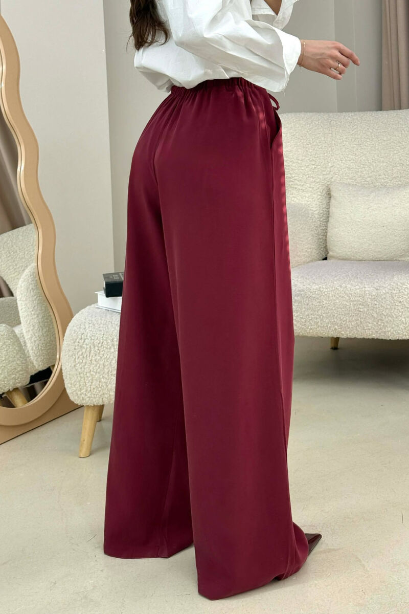 ONE COLOR SEMI ELASTIC WAIST WIDE LEG WOMEN TROUSERS BURGUNDY/VISHNJE - 3