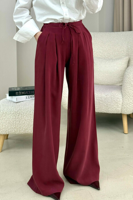 ONE COLOR SEMI ELASTIC WAIST WIDE LEG WOMEN TROUSERS BURGUNDY/VISHNJE - 4