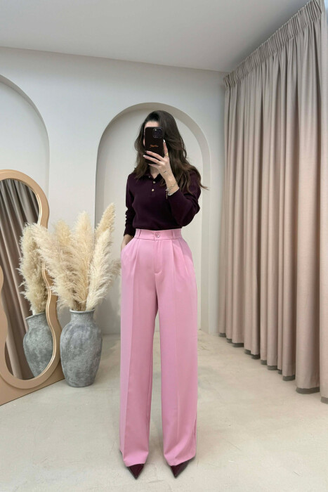 ONE COLOR SEMI ELASTIC WAIST WOMEN TROUSERS BABY PINK/ROZB 