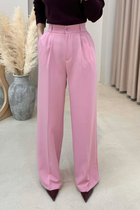 ONE COLOR SEMI ELASTIC WAIST WOMEN TROUSERS BABY PINK/ROZB - 4