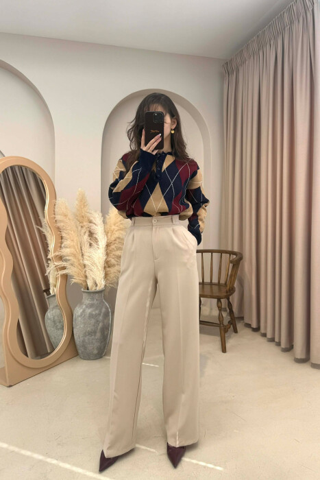 ONE COLOR SEMI ELASTIC WAIST WOMEN TROUSERS BEIGE/BEZHE 