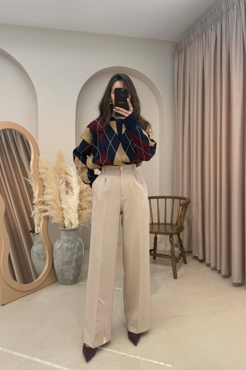 ONE COLOR SEMI ELASTIC WAIST WOMEN TROUSERS BEIGE/BEZHE - 2