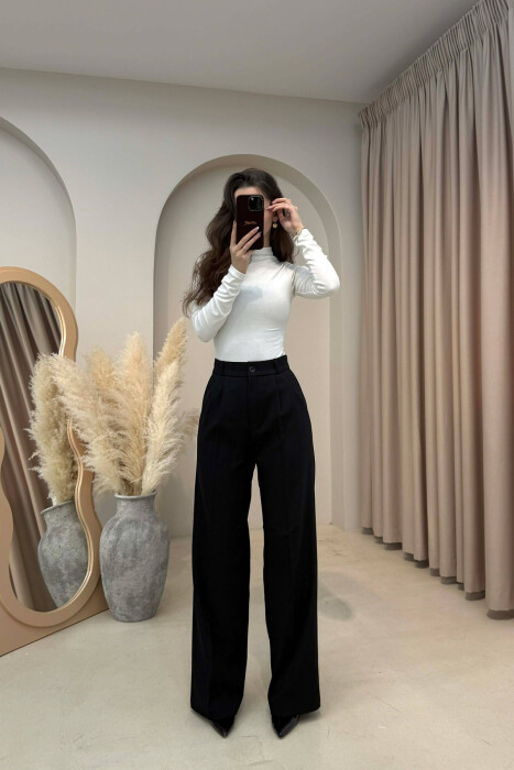 ONE COLOR SEMI ELASTIC WAIST WOMEN TROUSERS BLACK-BLACK/ZZ 