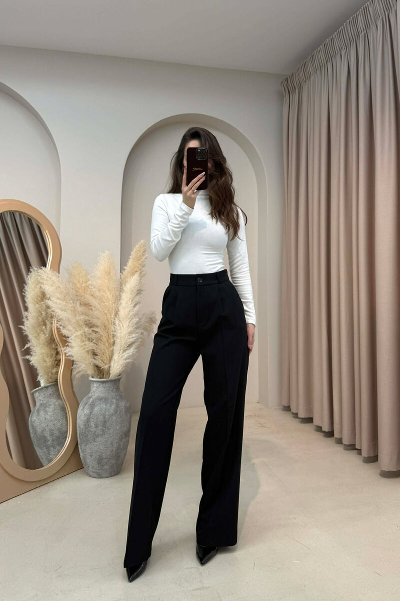 ONE COLOR SEMI ELASTIC WAIST WOMEN TROUSERS BLACK-BLACK/ZZ - 2