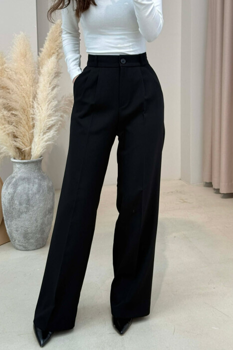 ONE COLOR SEMI ELASTIC WAIST WOMEN TROUSERS BLACK-BLACK/ZZ - 4