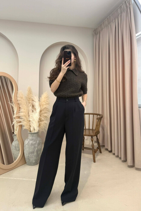 ONE COLOR SEMI ELASTIC WAIST WOMEN TROUSERS BLACK/ E ZEZE 