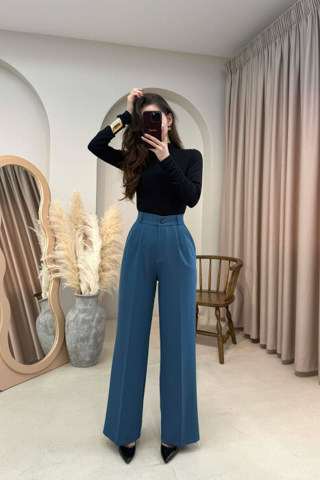 ONE COLOR SEMI ELASTIC WAIST WOMEN TROUSERS BLUE STONE/GK 
