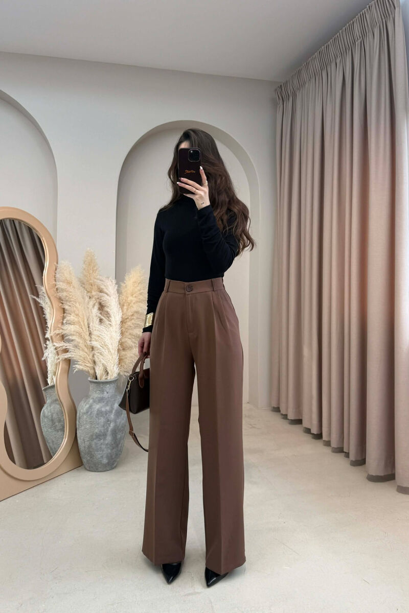 ONE COLOR SEMI ELASTIC WAIST WOMEN TROUSERS BROWN/KAFE - 1