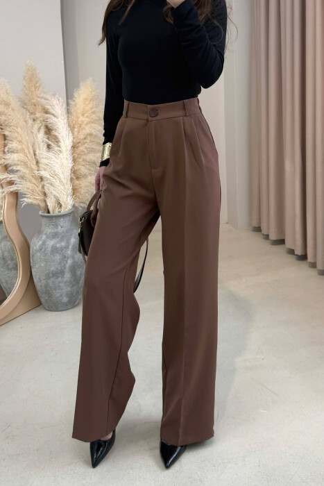 ONE COLOR SEMI ELASTIC WAIST WOMEN TROUSERS BROWN/KAFE - 4
