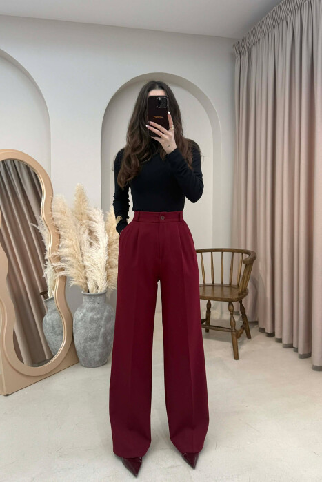 ONE COLOR SEMI ELASTIC WAIST WOMEN TROUSERS BURGUNDY/VISHNJE 