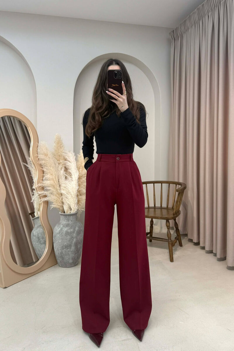 ONE COLOR SEMI ELASTIC WAIST WOMEN TROUSERS BURGUNDY/VISHNJE - 1