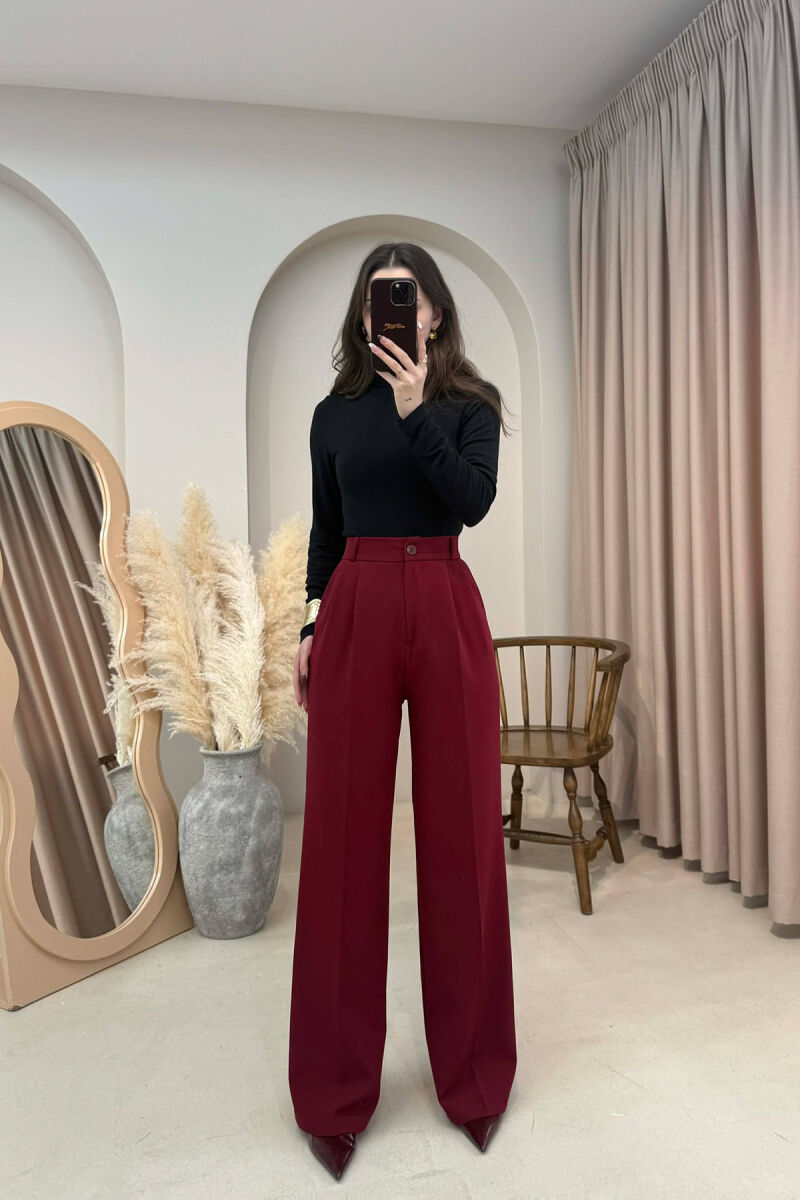 ONE COLOR SEMI ELASTIC WAIST WOMEN TROUSERS BURGUNDY/VISHNJE - 2