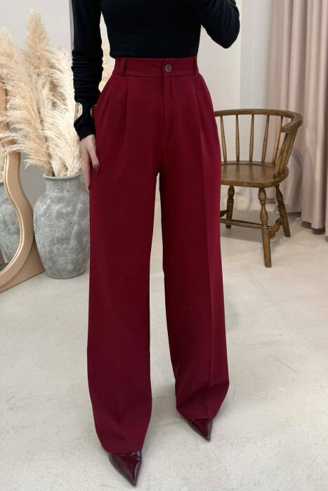 ONE COLOR SEMI ELASTIC WAIST WOMEN TROUSERS BURGUNDY/VISHNJE - 3