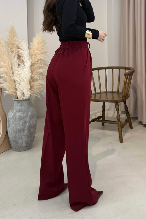 ONE COLOR SEMI ELASTIC WAIST WOMEN TROUSERS BURGUNDY/VISHNJE - 4