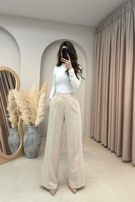 ONE COLOR SEMI ELASTIC WAIST WOMEN TROUSERS CREAM/KREM 