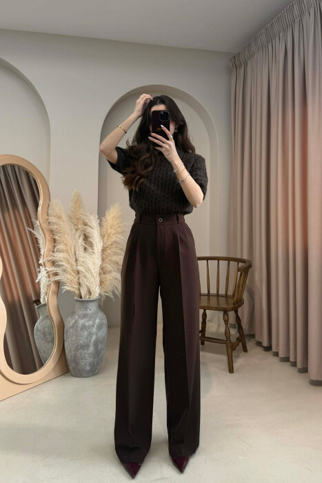 ONE COLOR SEMI ELASTIC WAIST WOMEN TROUSERS DARK BROWN/KAE 