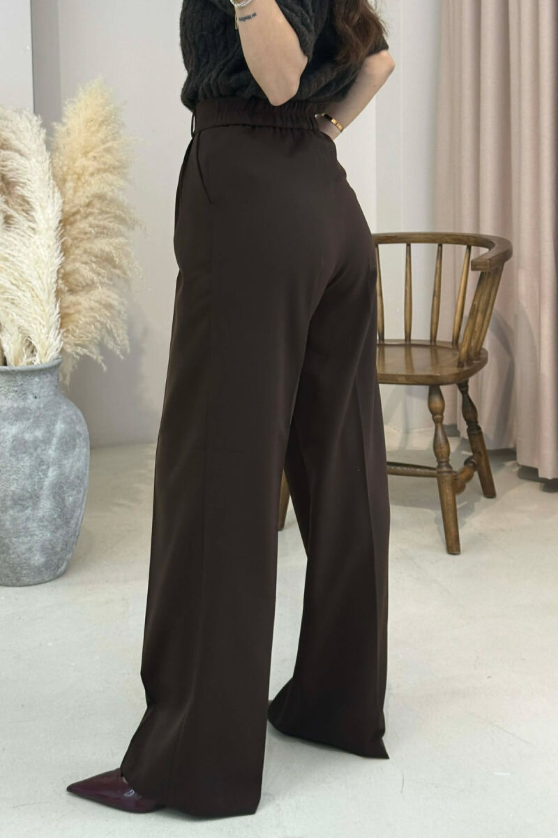 ONE COLOR SEMI ELASTIC WAIST WOMEN TROUSERS DARK BROWN/KAE - 2