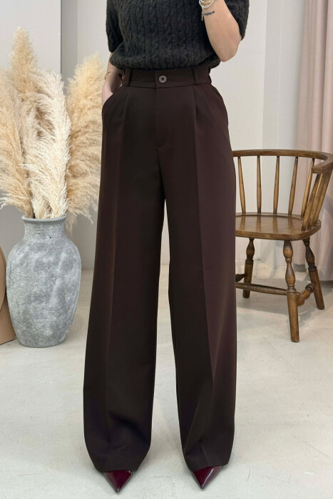 ONE COLOR SEMI ELASTIC WAIST WOMEN TROUSERS DARK BROWN/KAE - 3