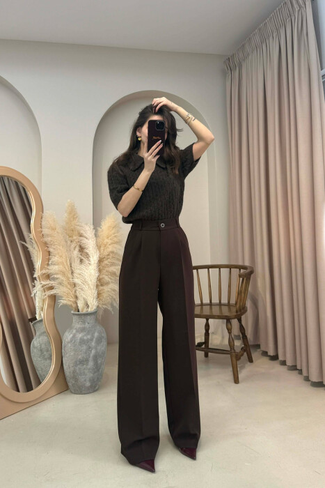 ONE COLOR SEMI ELASTIC WAIST WOMEN TROUSERS DARK BROWN/KAE - 4