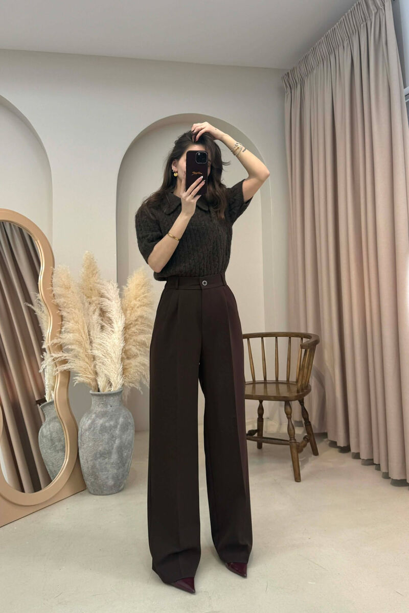 ONE COLOR SEMI ELASTIC WAIST WOMEN TROUSERS DARK BROWN/KAE - 4