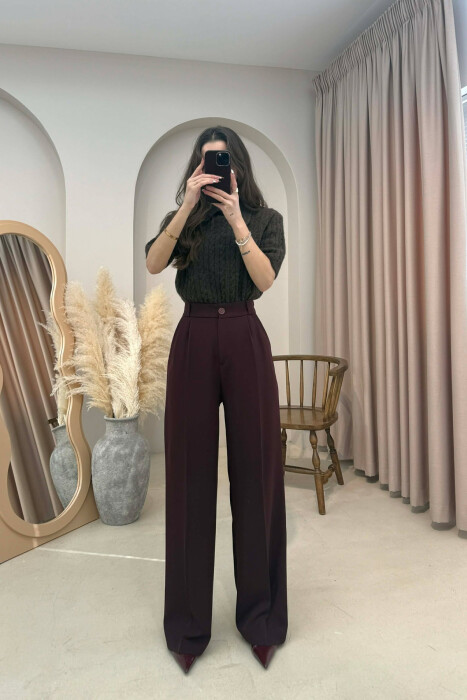 ONE COLOR SEMI ELASTIC WAIST WOMEN TROUSERS DARK BURGUNDY/VISHNJE E ERRET - 1