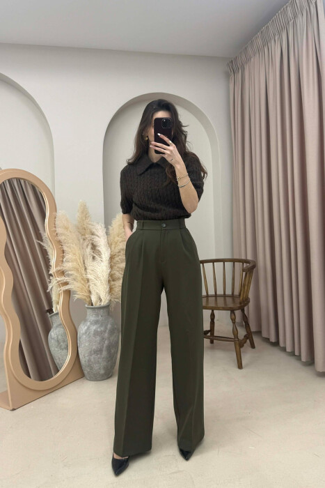 ONE COLOR SEMI ELASTIC WAIST WOMEN TROUSERS DARK GREEN/JEE - 1