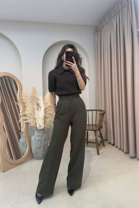 ONE COLOR SEMI ELASTIC WAIST WOMEN TROUSERS DARK GREEN/JEE - 5