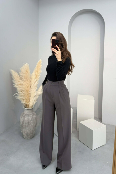 ONE COLOR SEMI ELASTIC WAIST WOMEN TROUSERS DARK GREY/GEE - 3