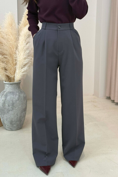 ONE COLOR SEMI ELASTIC WAIST WOMEN TROUSERS GREY-GREY/GG - 3