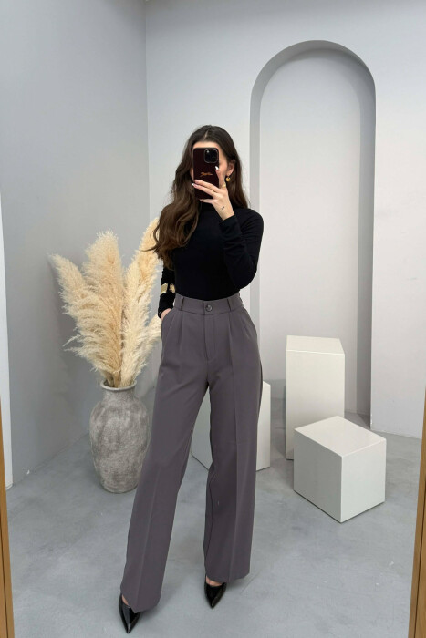 ONE COLOR SEMI ELASTIC WAIST WOMEN TROUSERS GREY/GRI - 2
