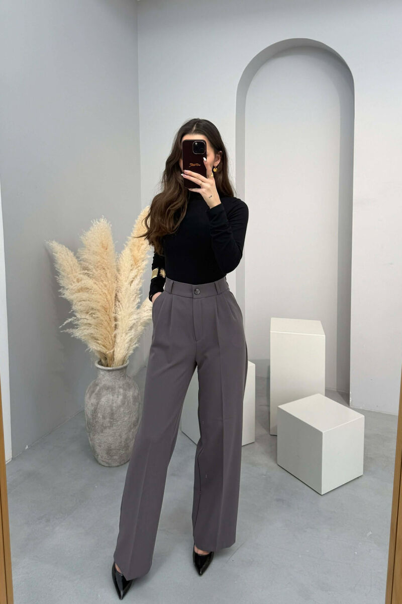 ONE COLOR SEMI ELASTIC WAIST WOMEN TROUSERS GREY/GRI - 2
