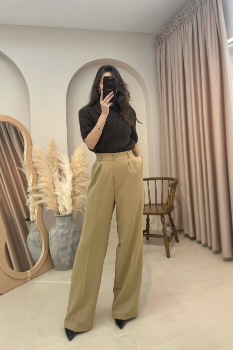 ONE COLOR SEMI ELASTIC WAIST WOMEN TROUSERS KHAKI / KAKI 