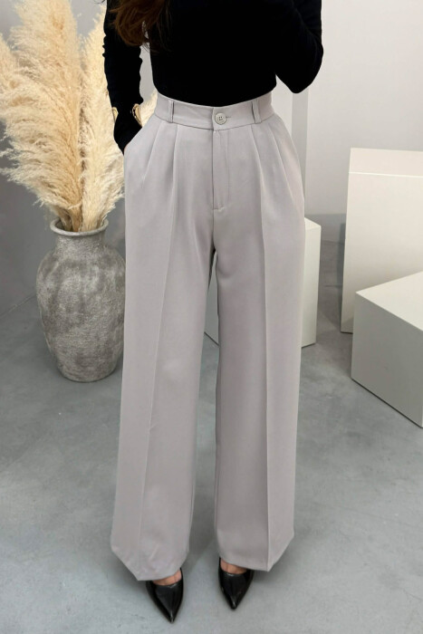 ONE COLOR SEMI ELASTIC WAIST WOMEN TROUSERS LIGHT GREY/GZ - 3