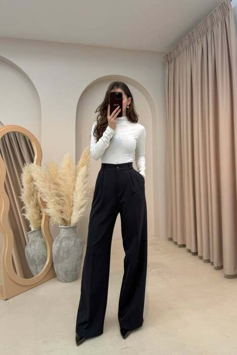 ONE COLOR SEMI ELASTIC WAIST WOMEN TROUSERS MIDNIGHT BLACK/ E ZEZE MESNATE 