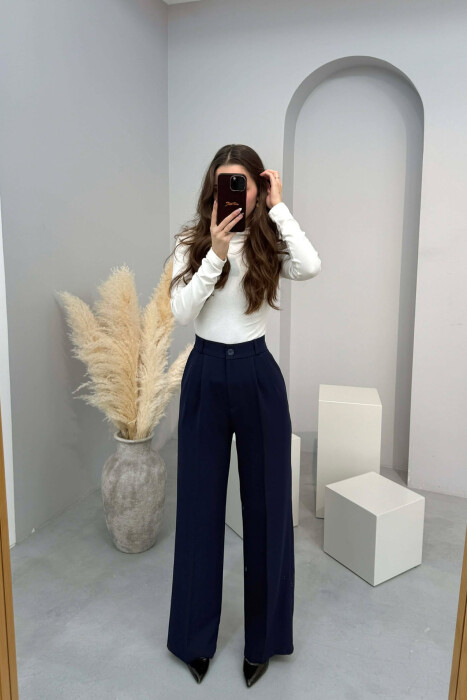 ONE COLOR SEMI ELASTIC WAIST WOMEN TROUSERS MIDNIGHT BLUE/BLU MESNATE - 1