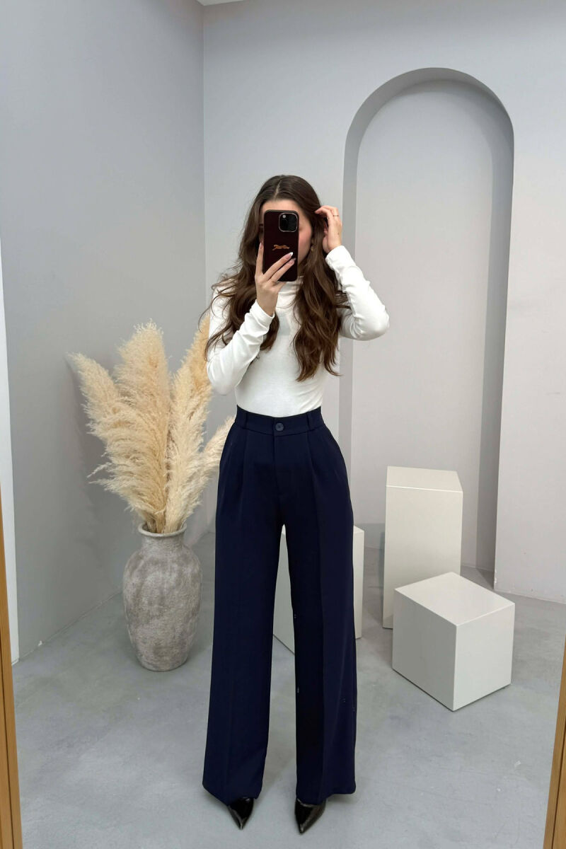 ONE COLOR SEMI ELASTIC WAIST WOMEN TROUSERS MIDNIGHT BLUE/BLU MESNATE - 1