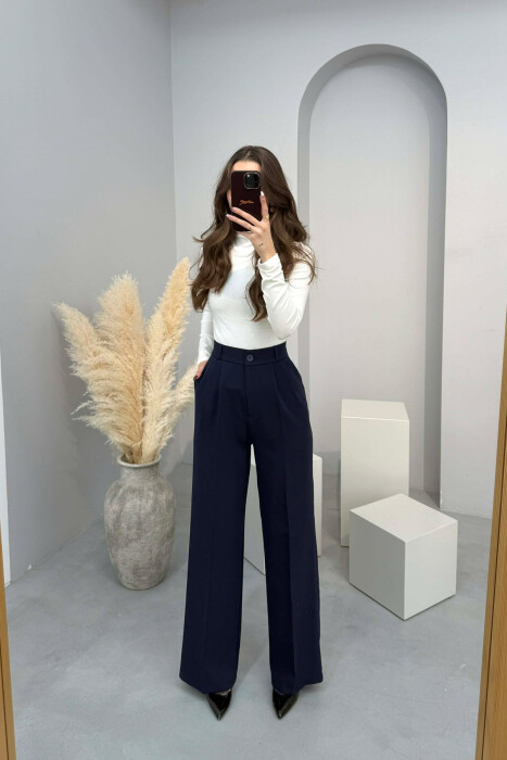 ONE COLOR SEMI ELASTIC WAIST WOMEN TROUSERS MIDNIGHT BLUE/BLU MESNATE - 2