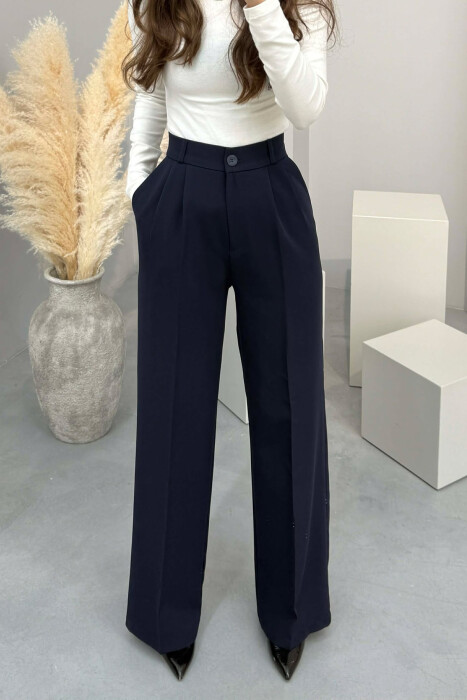 ONE COLOR SEMI ELASTIC WAIST WOMEN TROUSERS MIDNIGHT BLUE/BLU MESNATE - 3